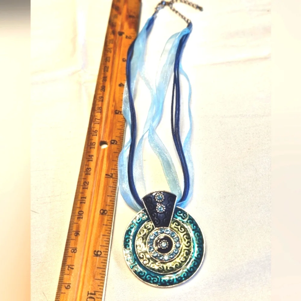 Vintage Silver Etched Blue Rhinestone Enamel Pendant Pierced Earrings Set